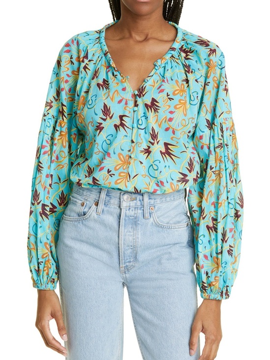 A.L.C. Tops - A.L.C. Size 10 Capri Aqua Blue Floral Long Sleeve Popover Blouse Top